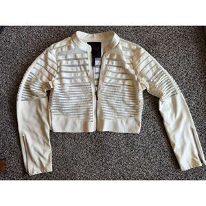 Yoki New York White Faux Leather & Mesh Stripe Moto Crop Jacket Size Large